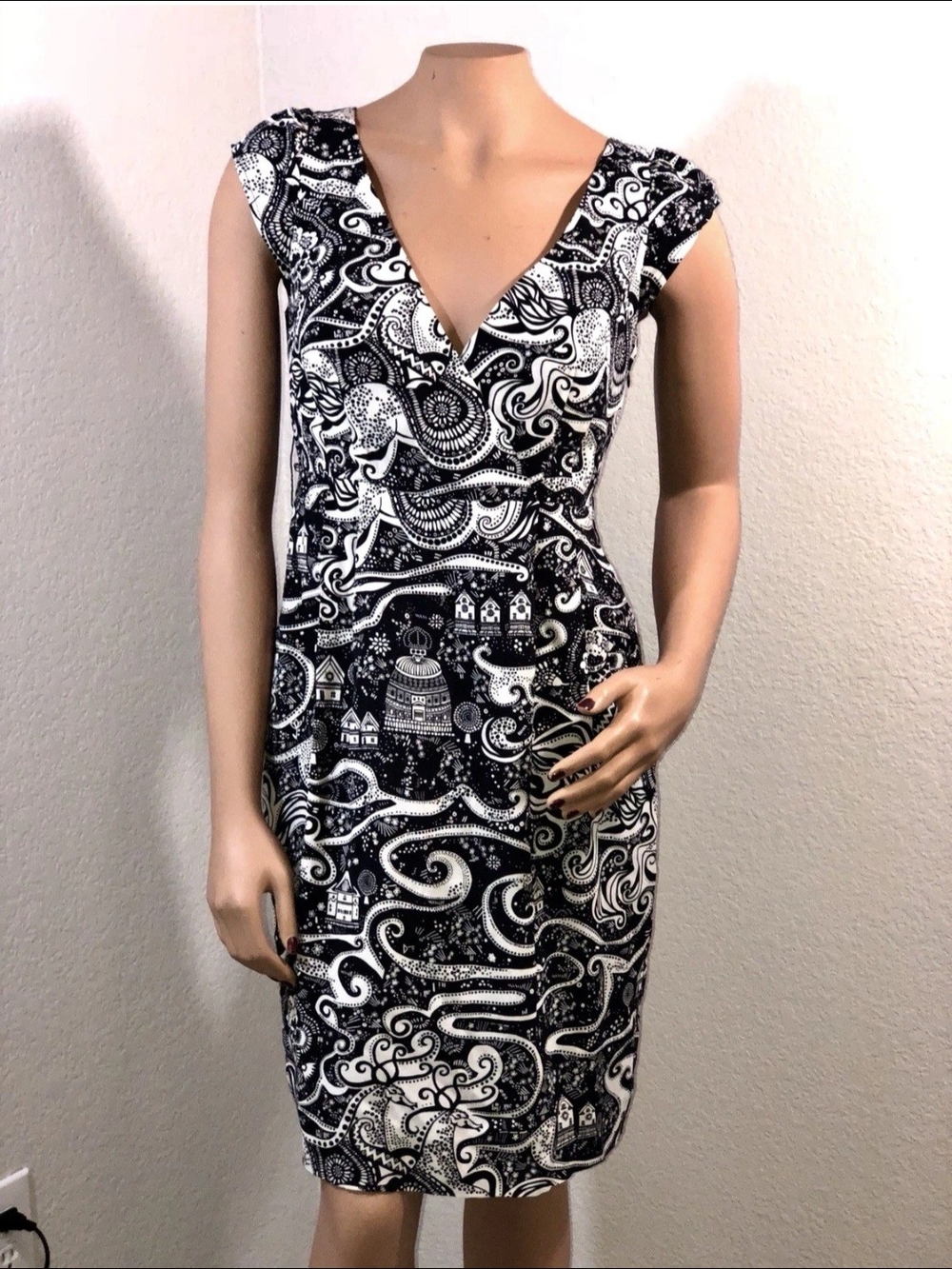 Anthropologie Moulinette Soeurs Black and White Paisley Midi Wrap Sheath Dress